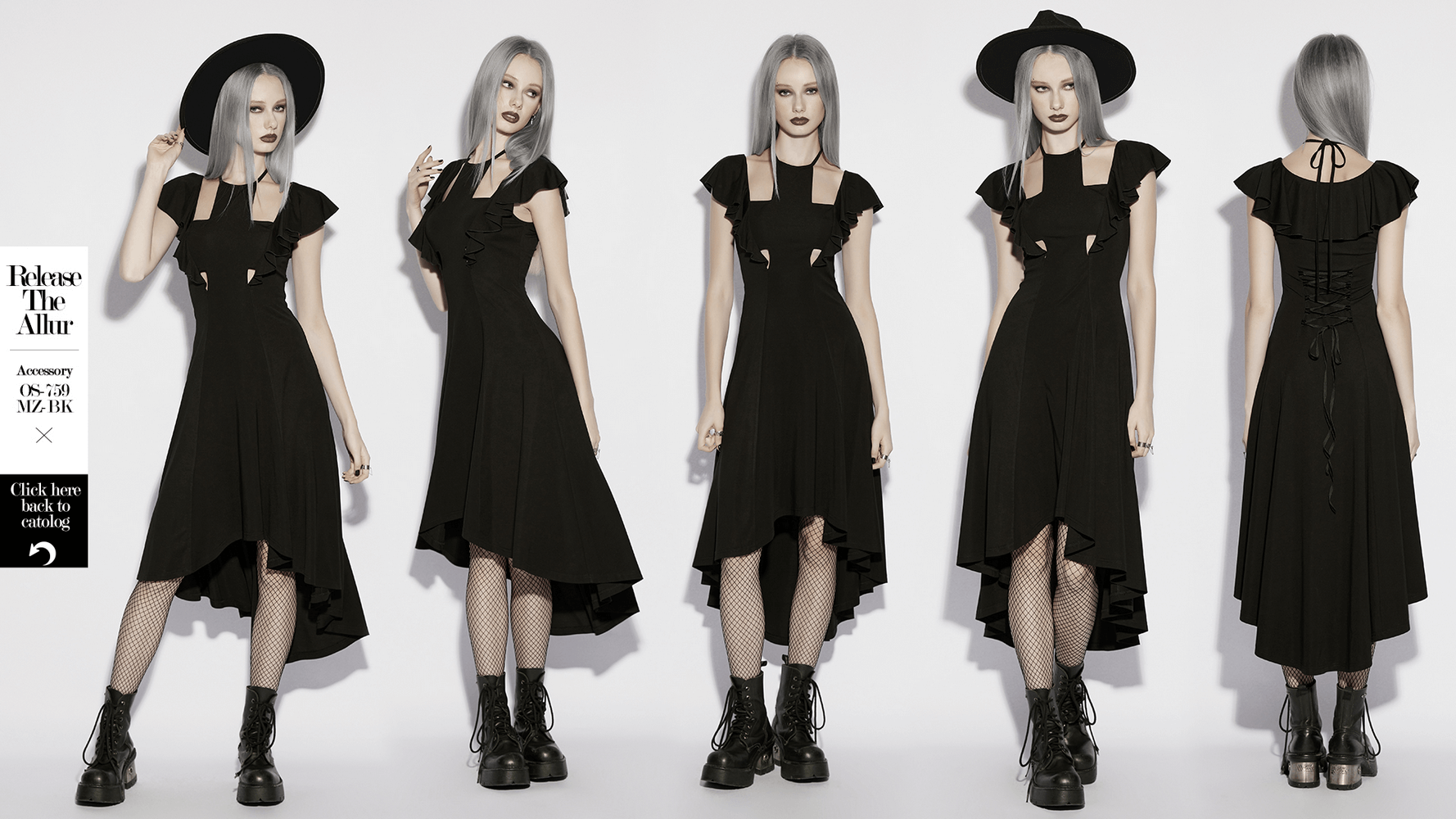 Alt Tag: Black Gothic High Low Dress with Ruffle Sleeves with cross hollow detail, ruffle sleeves, lace-up back, high-low hemline on model