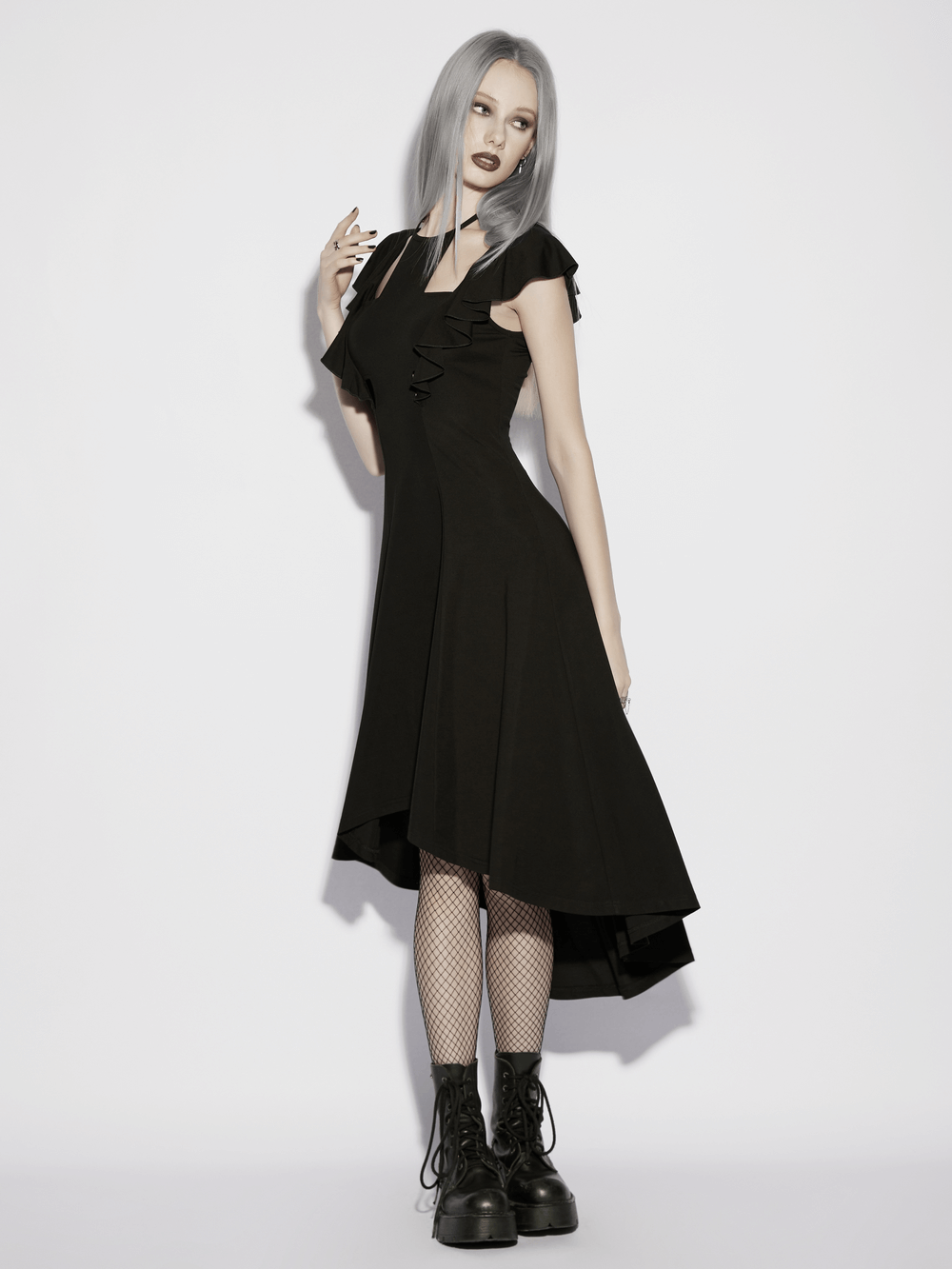 Alt Tag: Black Gothic High Low Dress with Ruffle Sleeves on model, black cross hollow detail, flying ruffle sleeves, lace-up back, high-low hem
