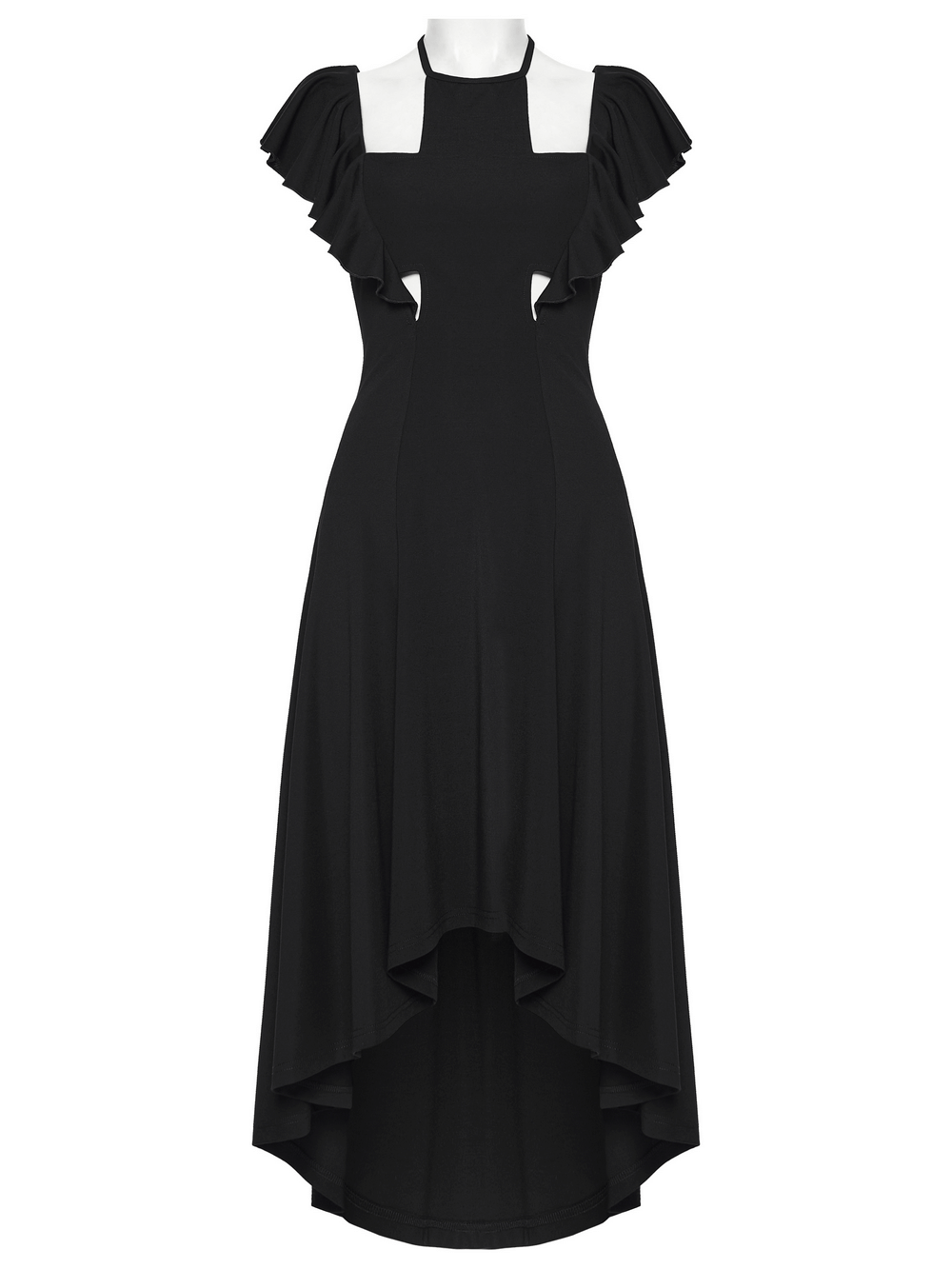 Alt Tag: Black Gothic High Low Dress with Ruffle Sleeves black cross cutout high-low hem goth dress with layered ruffle sleeves