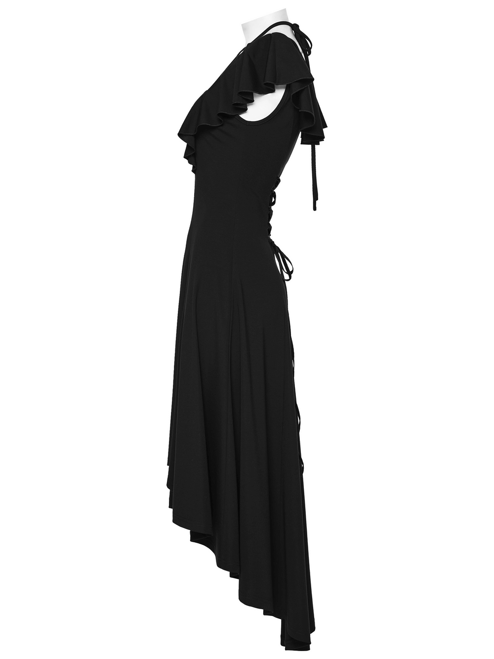 Alt Tag: Black Gothic High Low Dress with Ruffle Sleeves side view, black cross hollow detail, lace-up back, flowing high-low hem