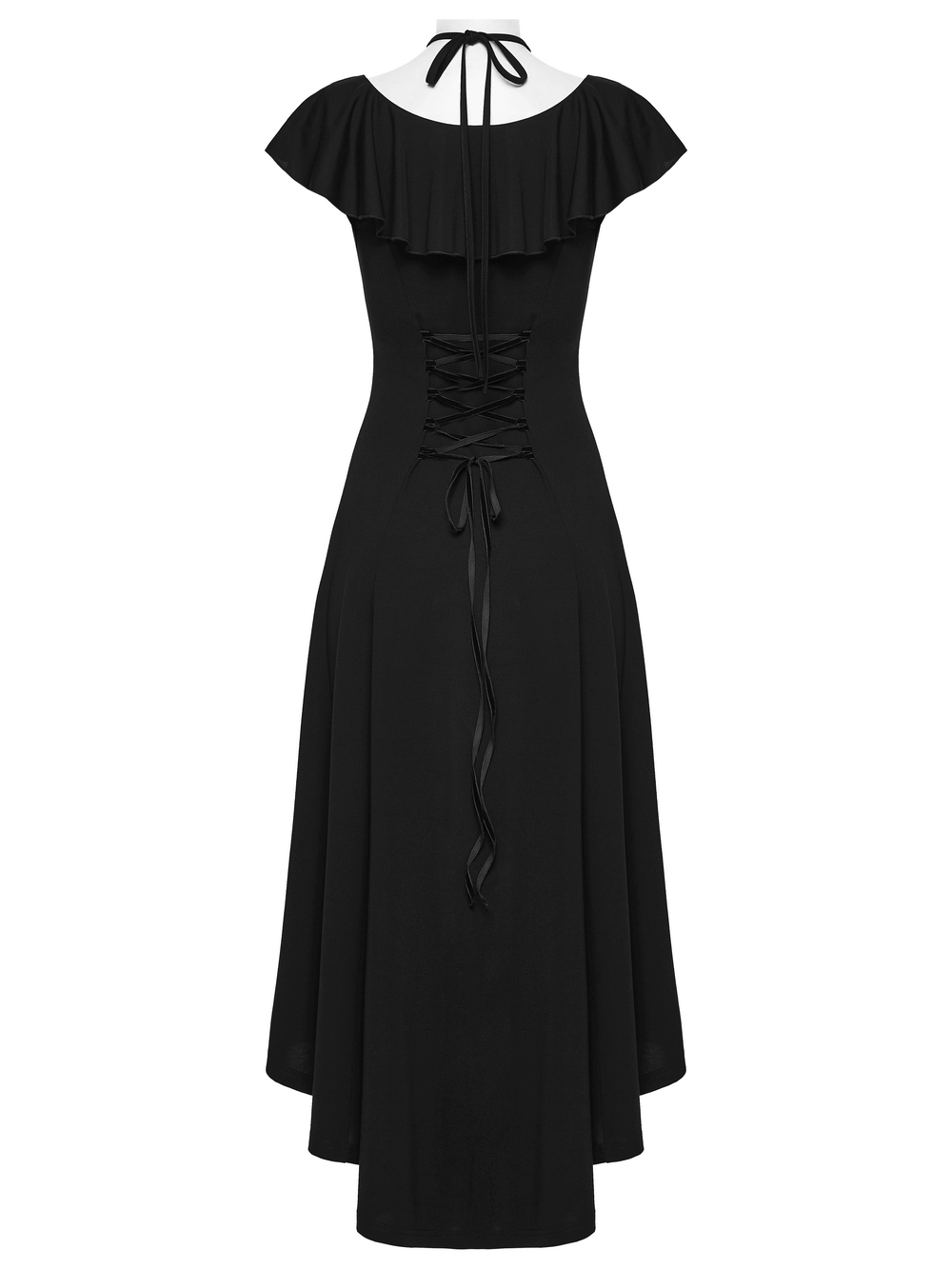 Alt Tag: Black Gothic High Low Dress with Ruffle Sleeves, black goth high-low hem with layered ruffle sleeves and lace-up back