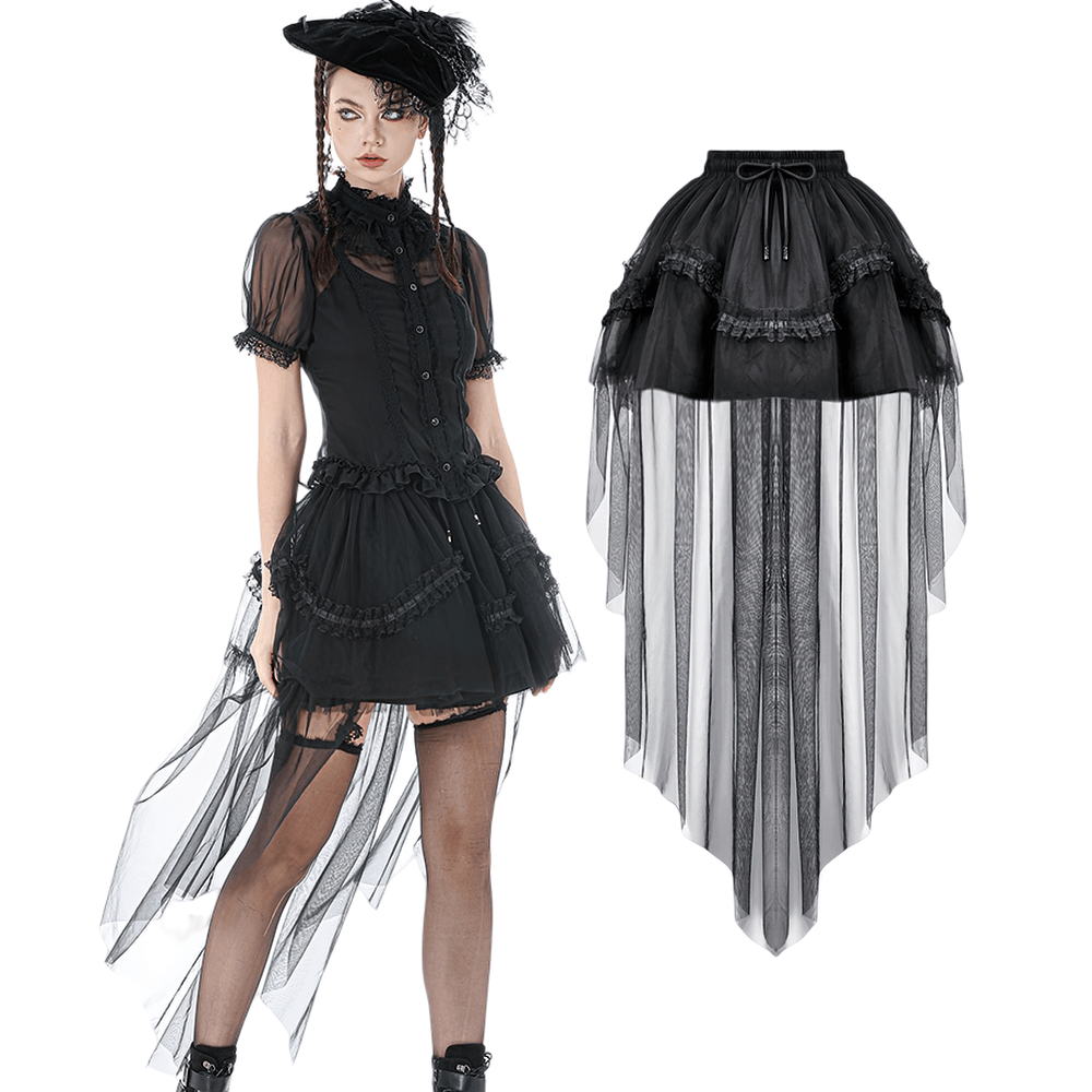 Black Gothic High Low Skirt with Layered Ruffles showcasing layered ruffle panels for a dramatic gothic silhouette.