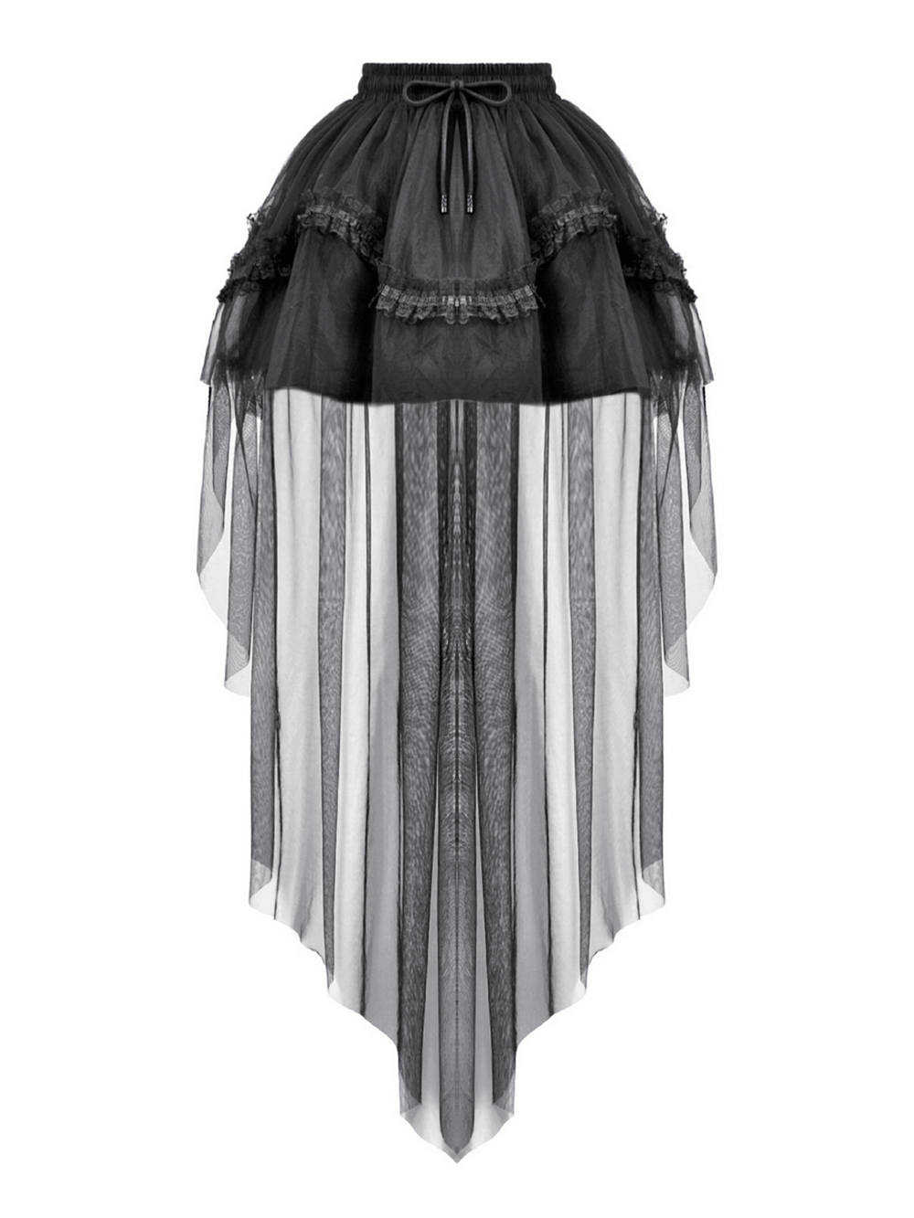 Black Gothic High Low Skirt with Layered Ruffles featuring sheer panels and ruffle detailing.
