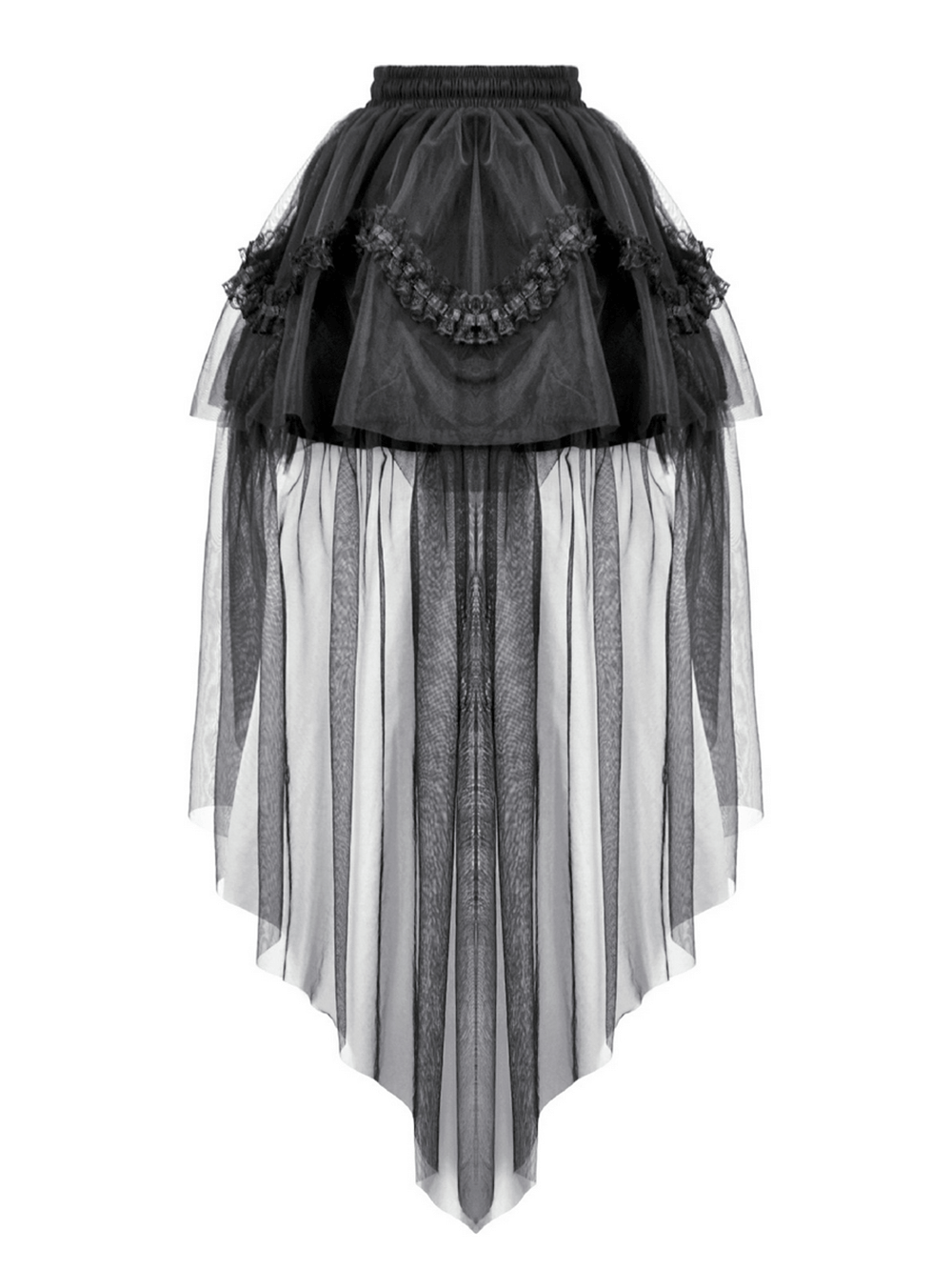 Black Gothic High Low Skirt with Layered Ruffles featuring dramatic ruffle panels and sheer mesh overlay.