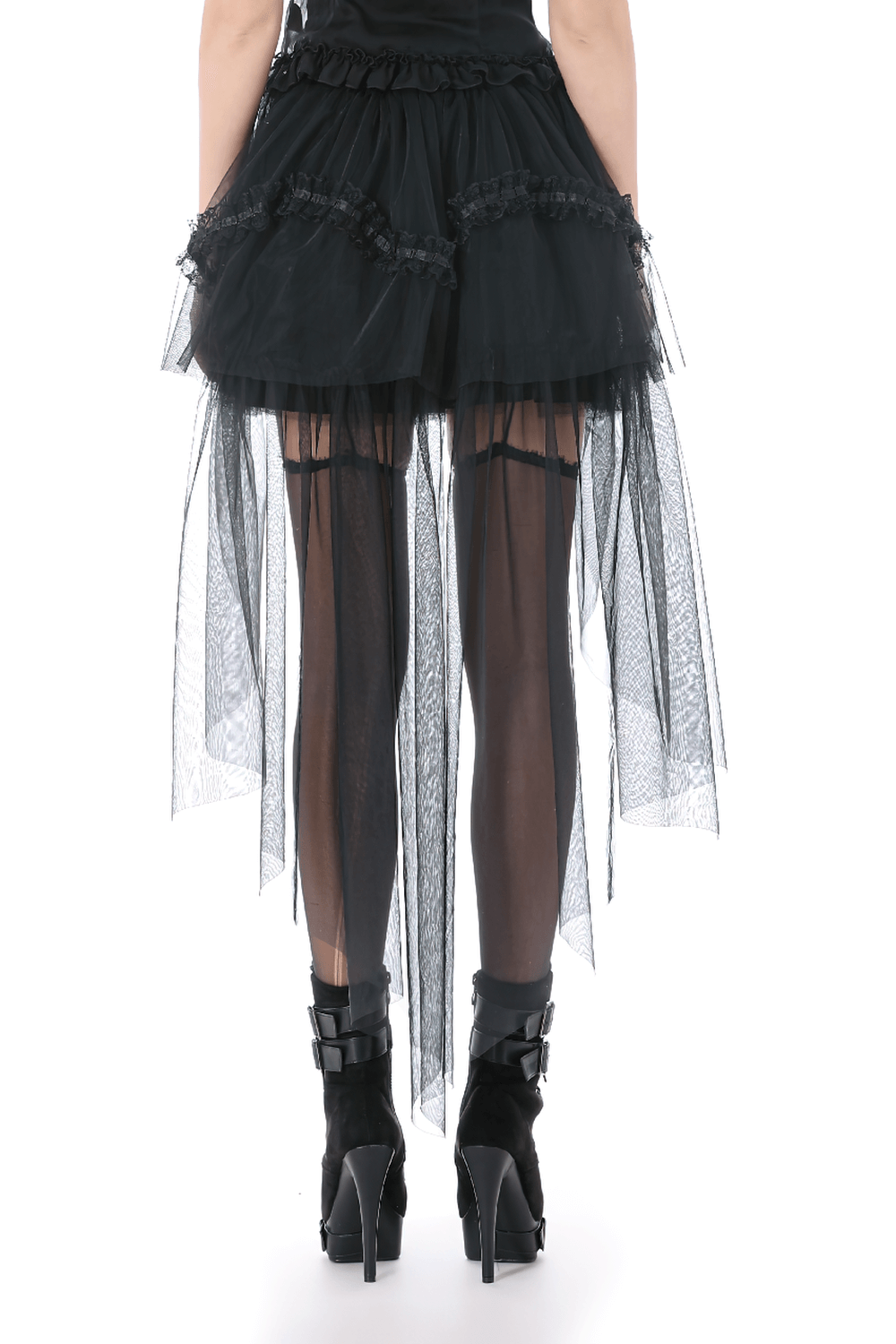 Black Gothic High Low Skirt with Layered Ruffles featuring sheer tulle layers and dramatic ruffle detail from the back.