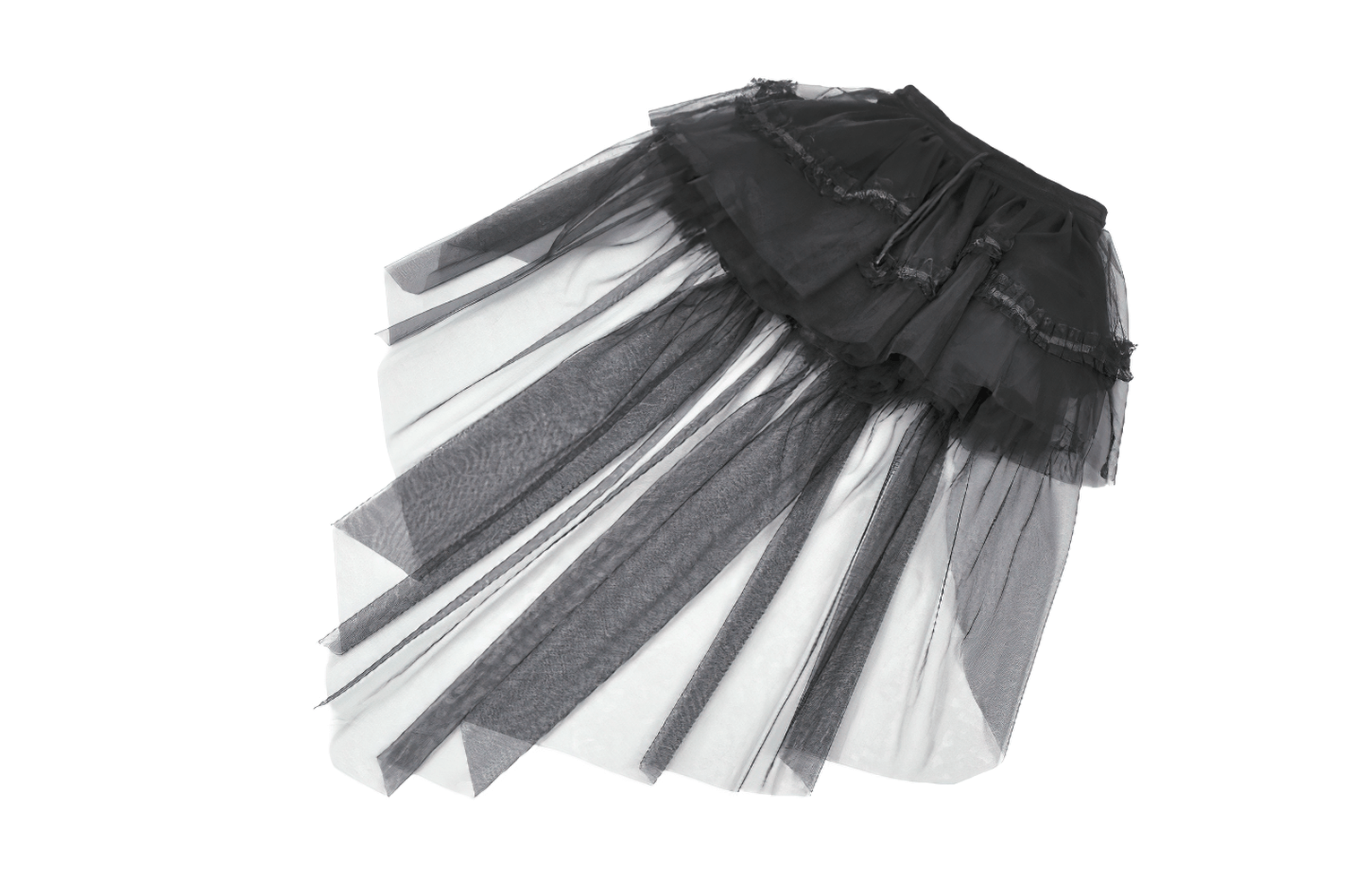 Black Gothic High Low Skirt with Layered Ruffles featuring ruffle layers and sheer mesh overlay.