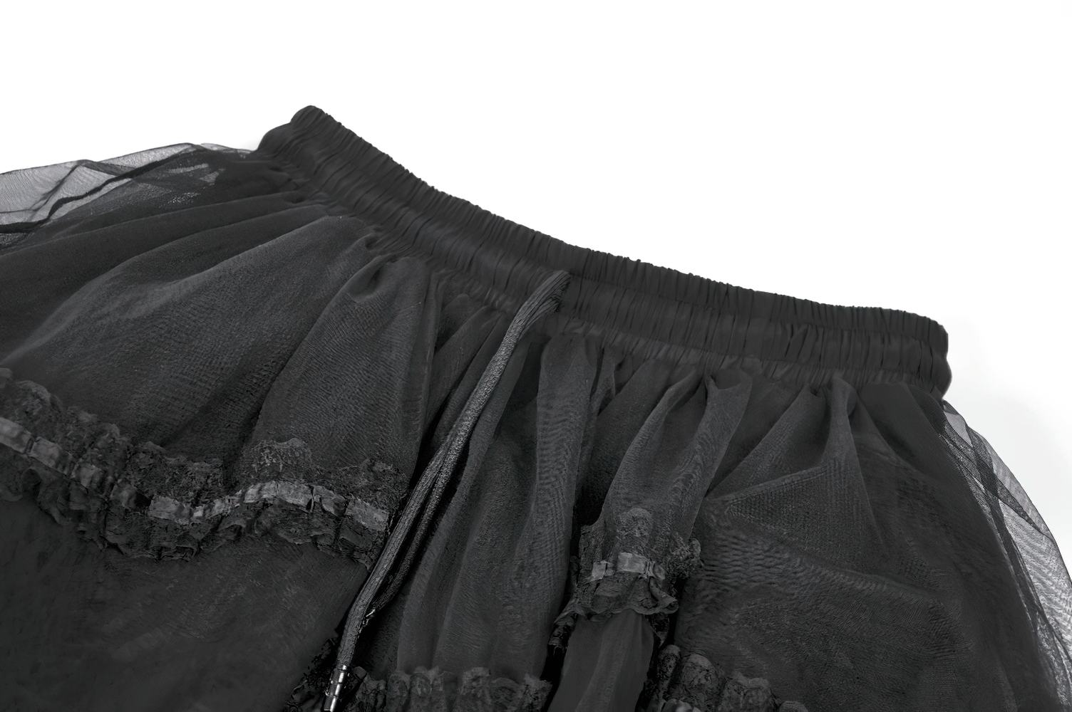 Black Gothic High Low Skirt with Layered Ruffles elastic waistband and ruffle details in sheer mesh fabric.