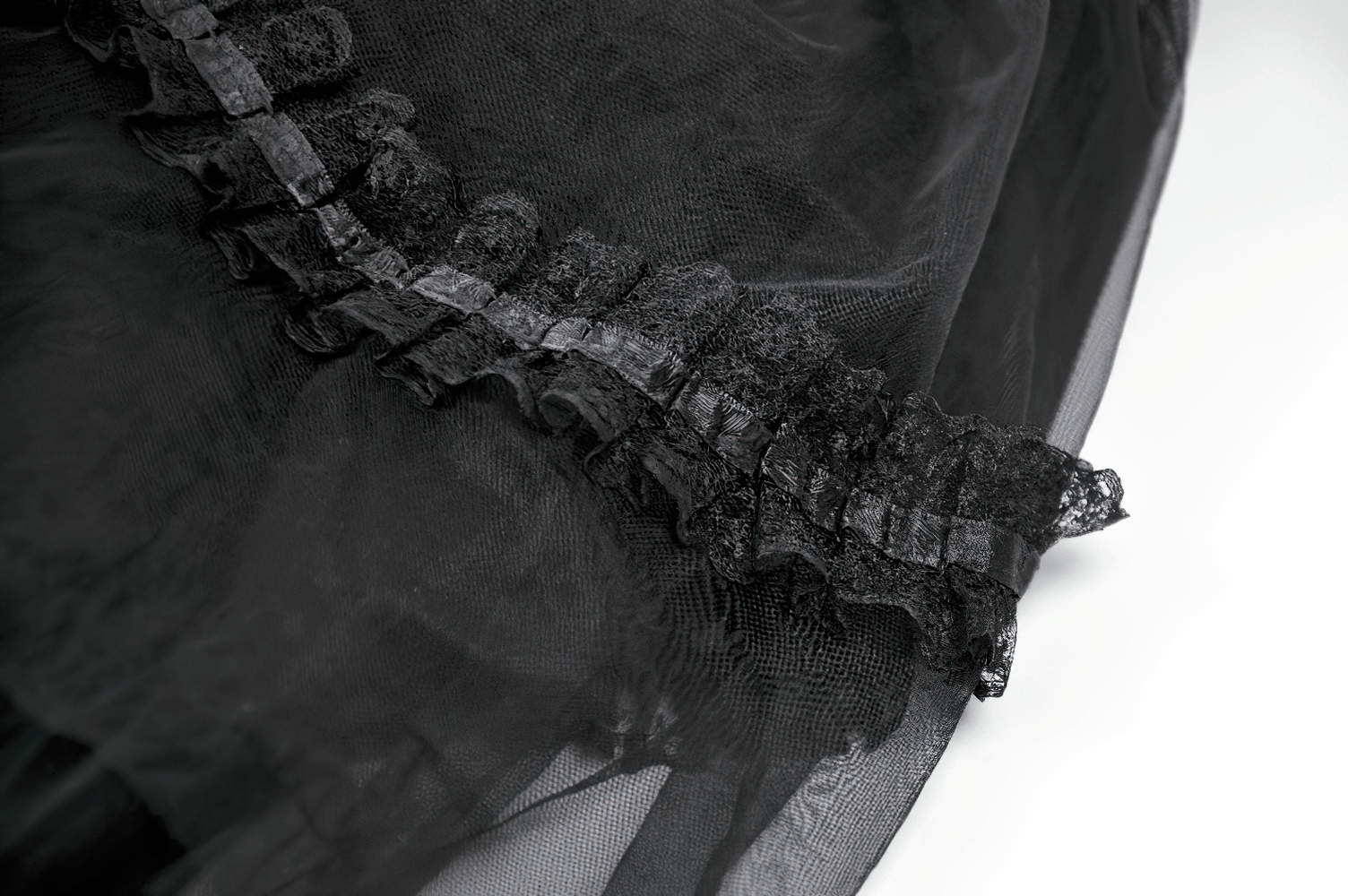 Black Gothic High Low Skirt with Layered Ruffles close-up of ruffle detail on sheer tulle fabric