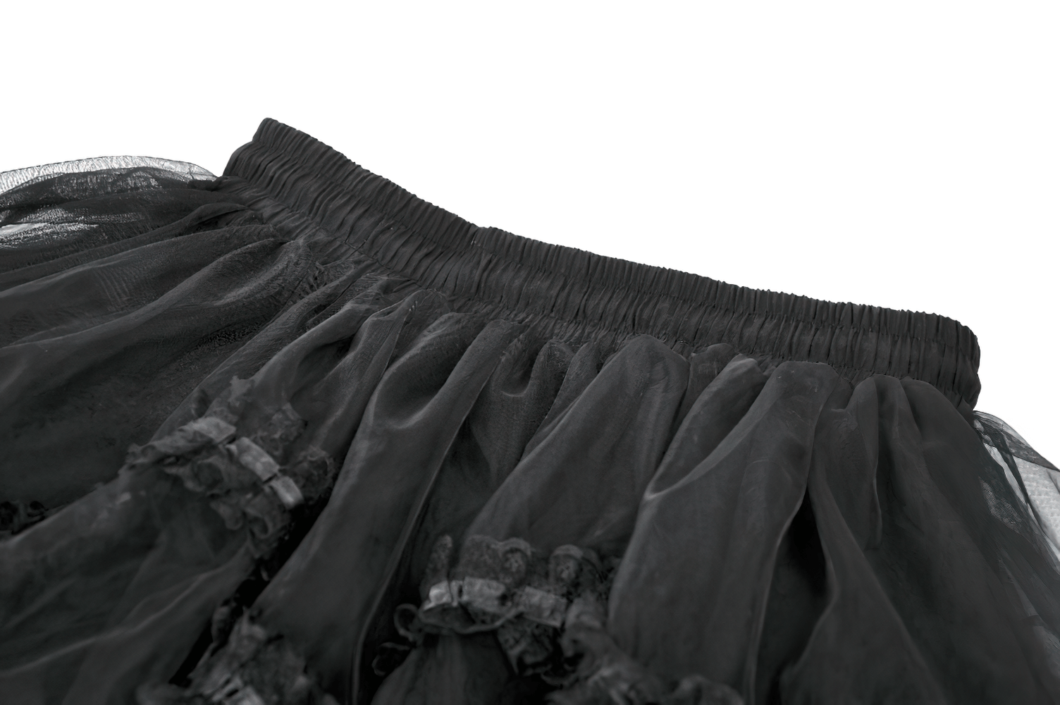 Black Gothic High Low Skirt with Layered Ruffles elastic waistband and layered ruffle details