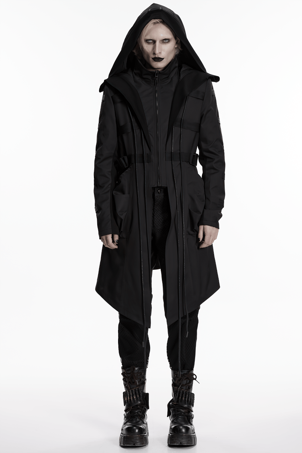 Black Gothic Hooded Coat with Tactical Strap Details worn by model with dramatic styling and punk accessories.