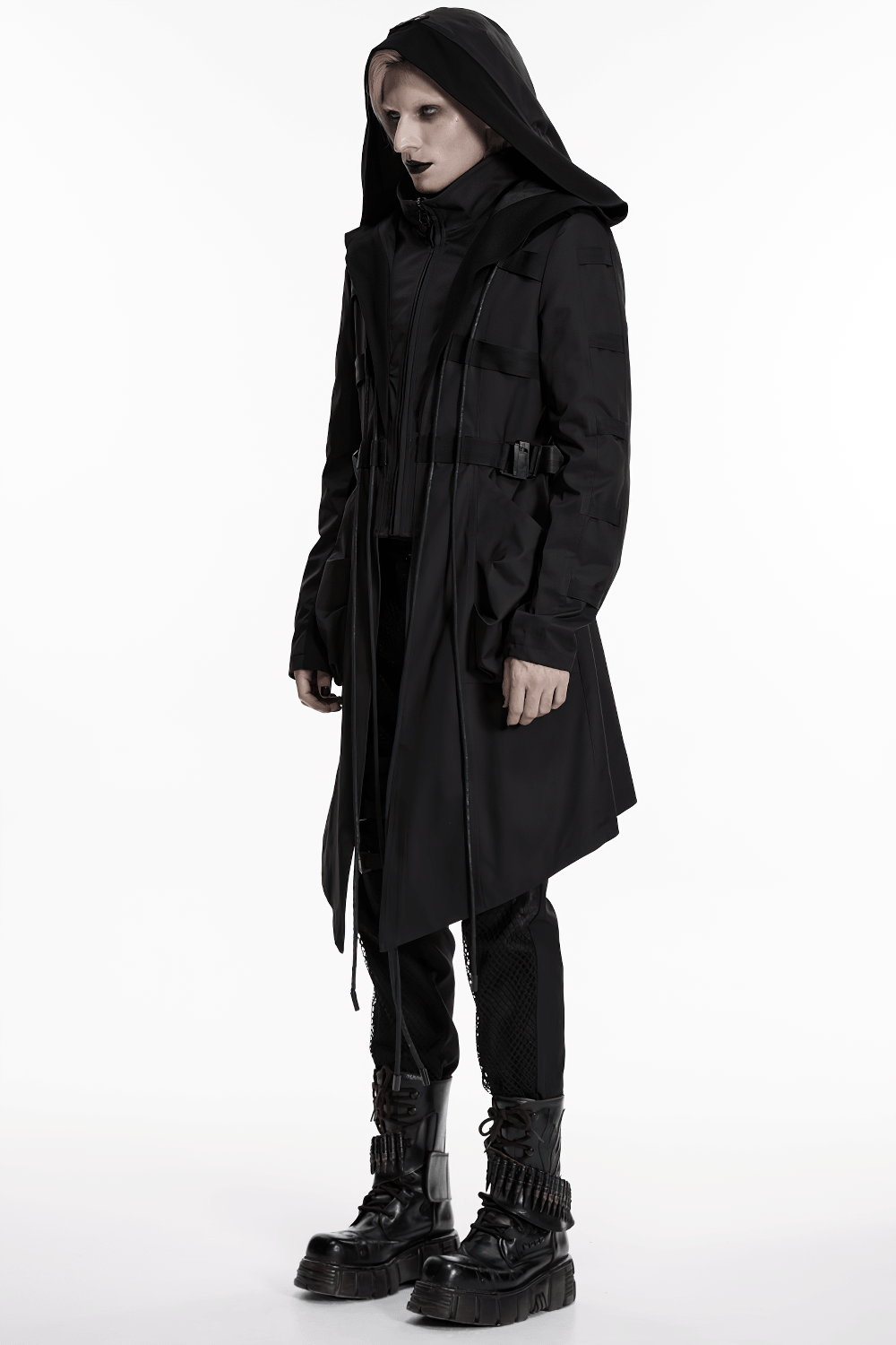 Black Gothic Hooded Coat with Tactical Strap Details worn by a model showcasing a punk warrior style in black.