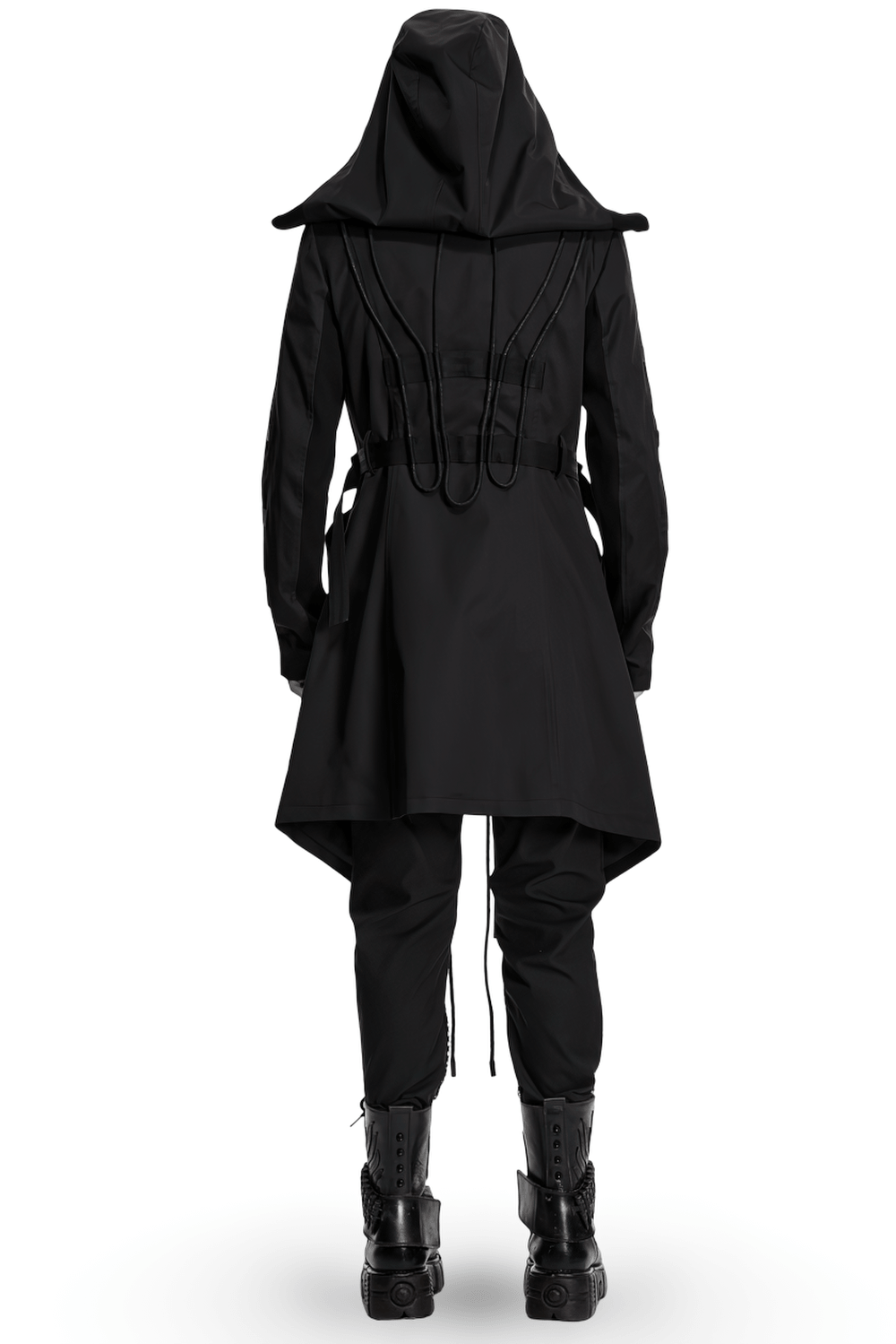 Black Gothic Hooded Coat with Tactical Strap Details, showcasing a unique back view with oversized hood and drawstrings.