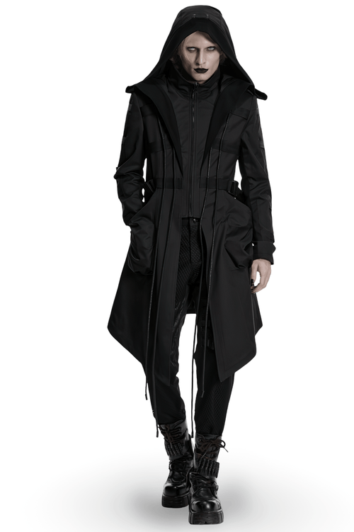 Black Gothic Hooded Coat with Tactical Strap Details