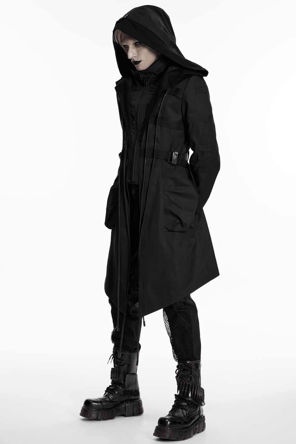 Black Gothic Hooded Coat with Tactical Strap Details worn by a model, showcasing its punk warrior design and functional pockets.
