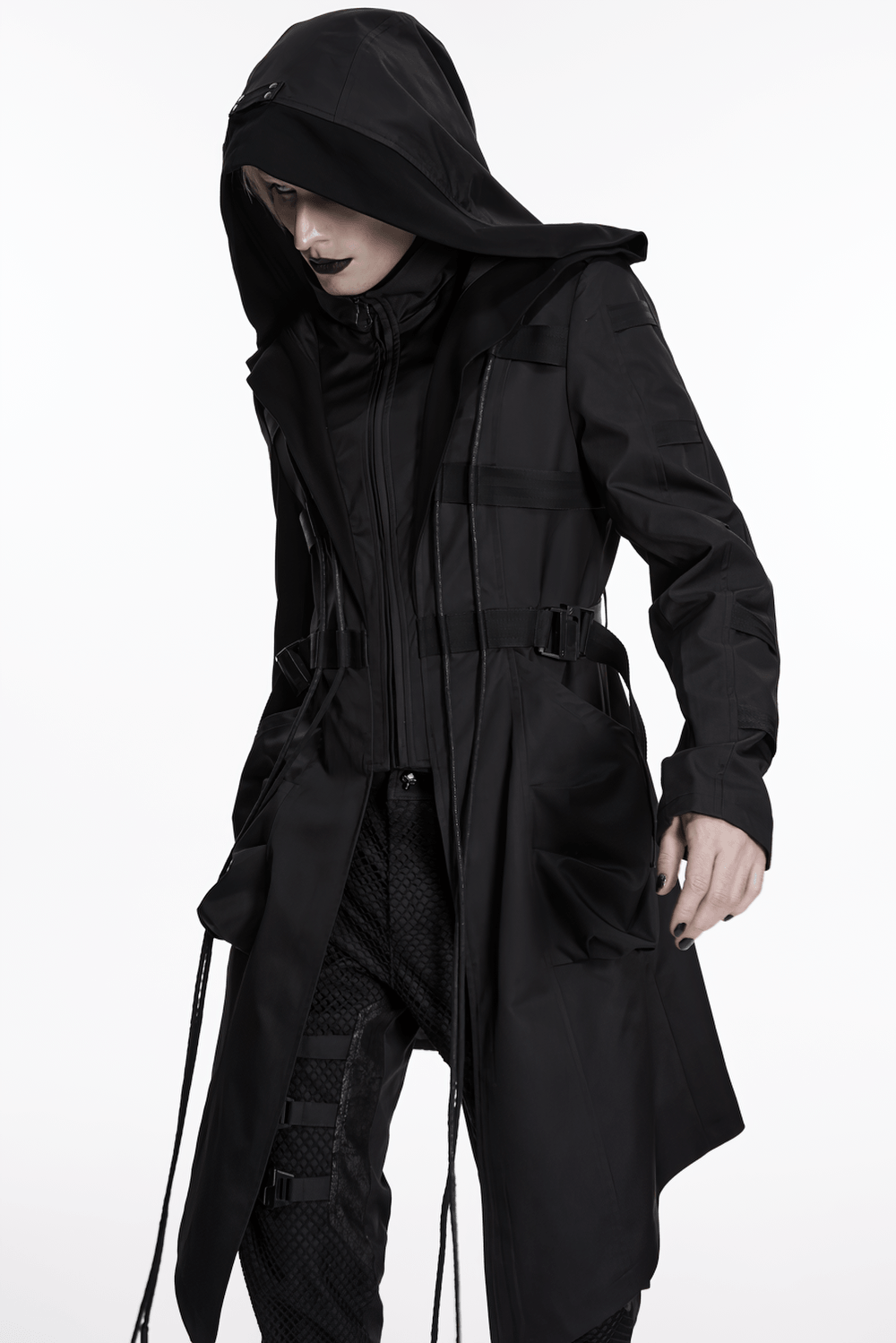 Black Gothic Hooded Coat with Tactical Strap Details featuring drawstrings and 3D pockets in a cyber-gothic style.