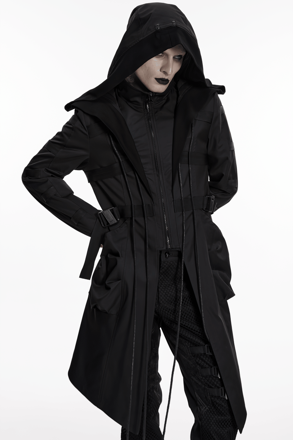 Black Gothic Hooded Coat with Tactical Strap Details, featuring 3D pockets and drawstrings for a punk warrior look.