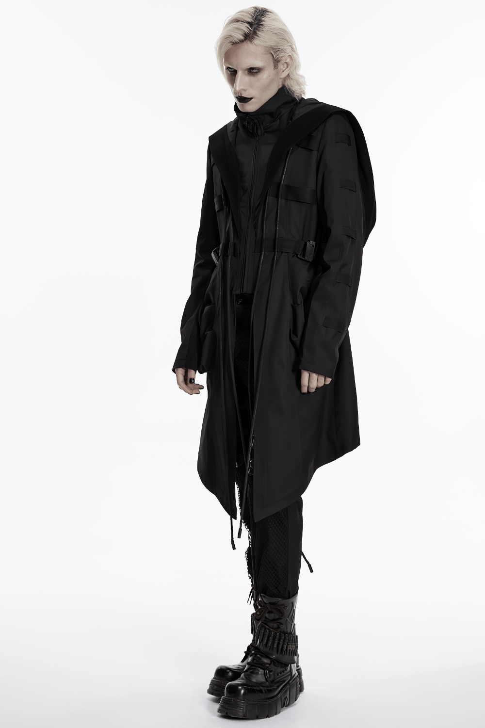 Black Gothic Hooded Coat with Tactical Strap Details modeled by a figure in a dramatic pose, showcasing its edgy design.