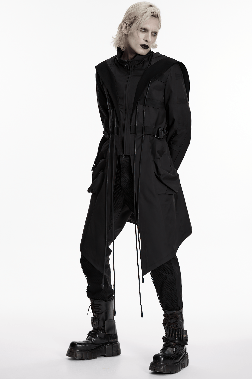 Black Gothic Hooded Coat with Tactical Strap Details modeled with punk warrior style and energetic cyber-gothic flair.