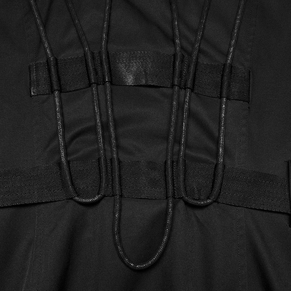Black Gothic Hooded Coat with Tactical Strap Details showing drawstrings and webbing accents up close.
