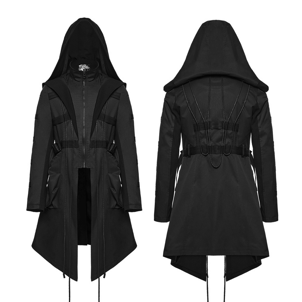 Black Gothic Hooded Coat with Tactical Strap Details showcasing a striking punk warrior design and 3D pockets.