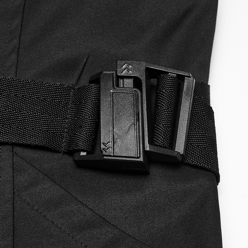 Black Gothic Hooded Coat with Tactical Strap Details buckle and strap close-up, emphasizing punk warrior style.