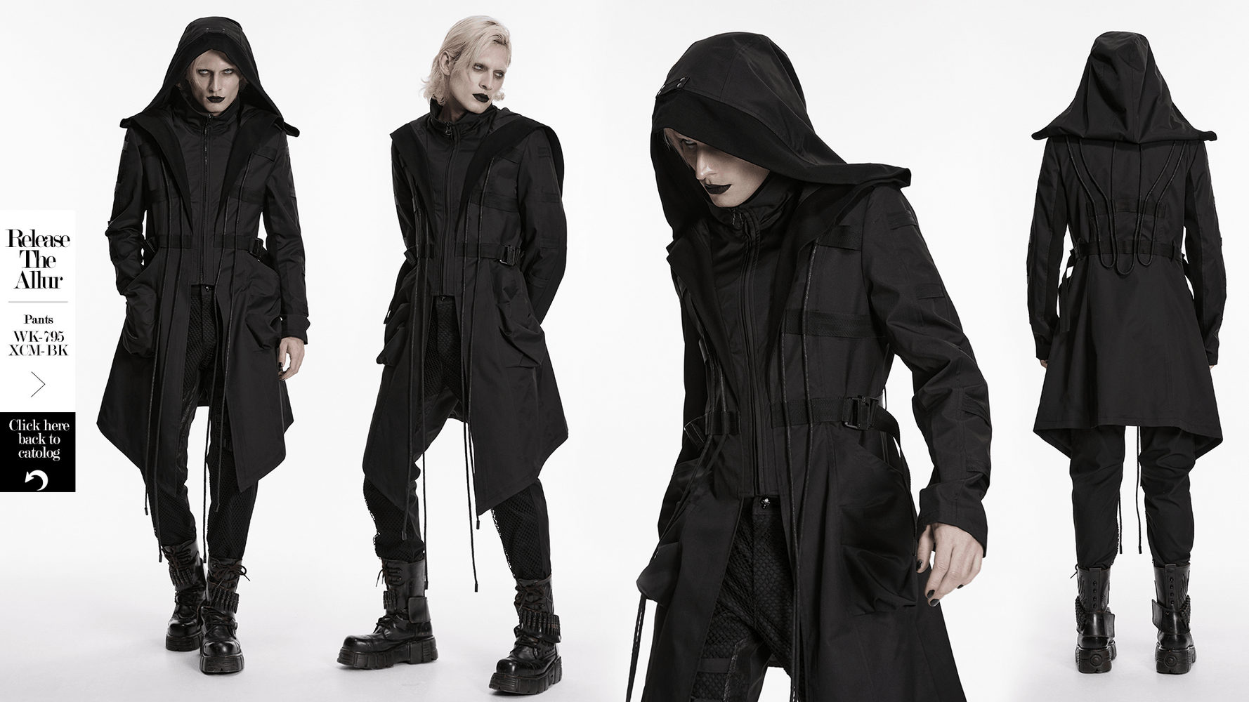 Black Gothic Hooded Coat with Tactical Strap Details worn by model featuring drawstrings and 3D pockets in a stylish pose.