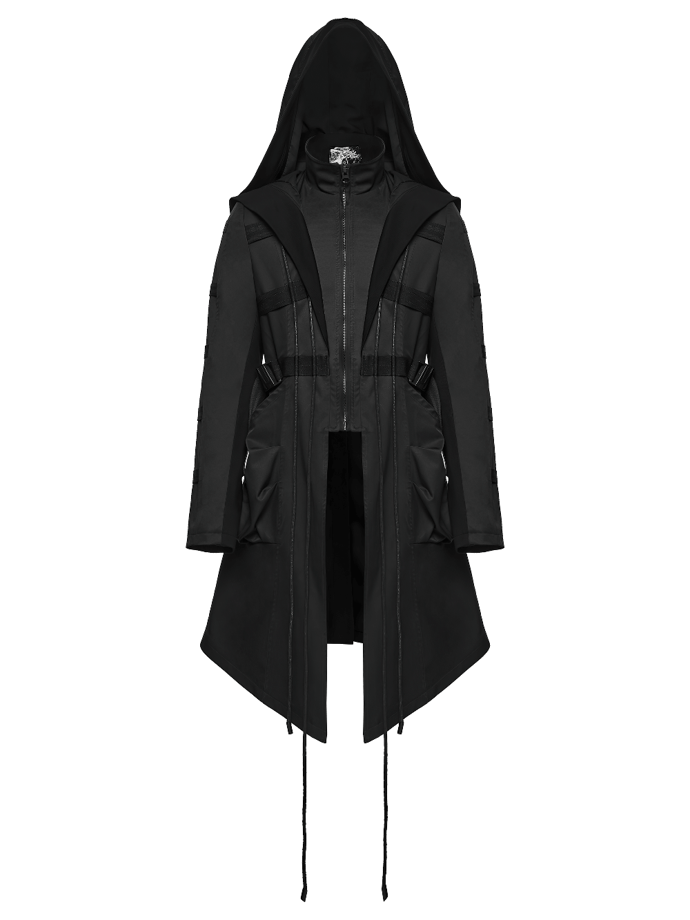 Black Gothic Hooded Coat with Tactical Strap Details, featuring drawstrings and 3D pockets for punk warrior style.