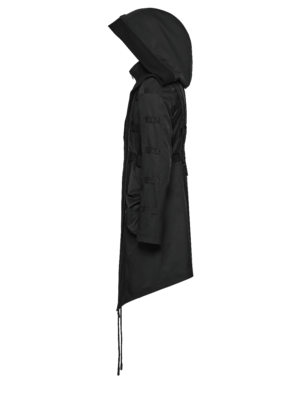 Black Gothic Hooded Coat with Tactical Strap Details showcasing its unique design and functional features.