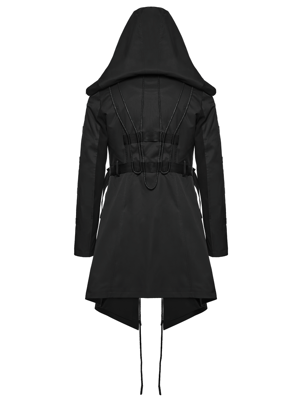 Black Gothic Hooded Coat with Tactical Strap Details showcasing drawstrings and textured rib-knit panels.