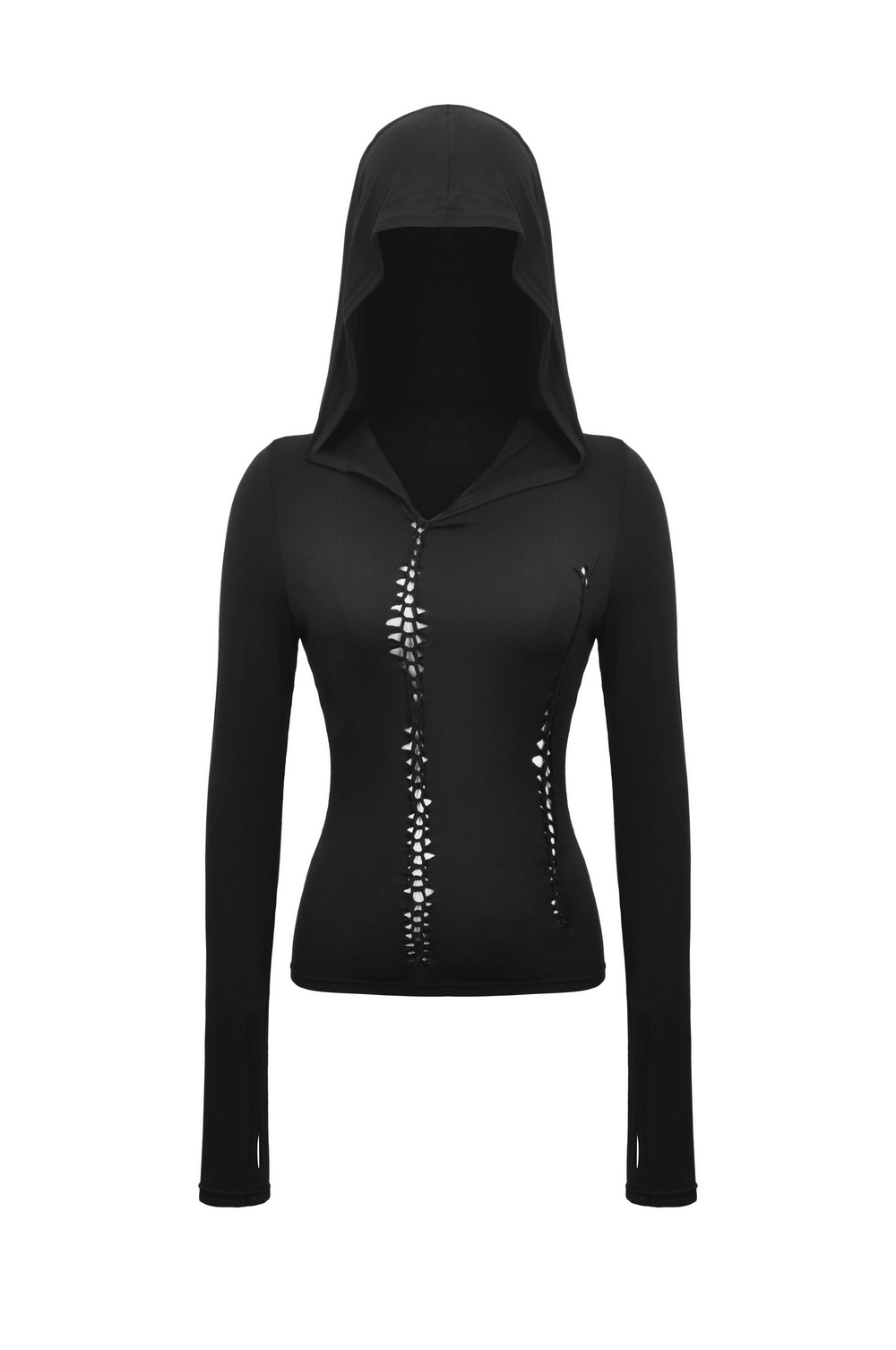 Black Gothic hooded long sleeve top for women with edgy cutout design and snug fit, adding rebellious flair to any outfit.