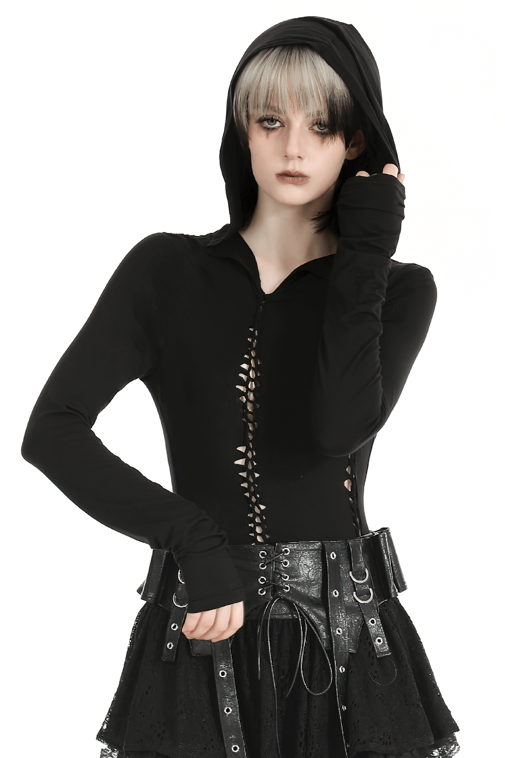 Black Gothic hooded long sleeve top with cutout design, perfect for edgy alternative fashion.