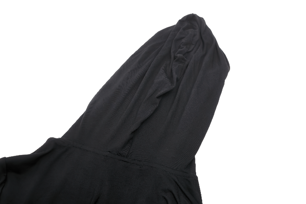 Close-up of the hood of a black gothic hooded cutout long sleeve top for women.