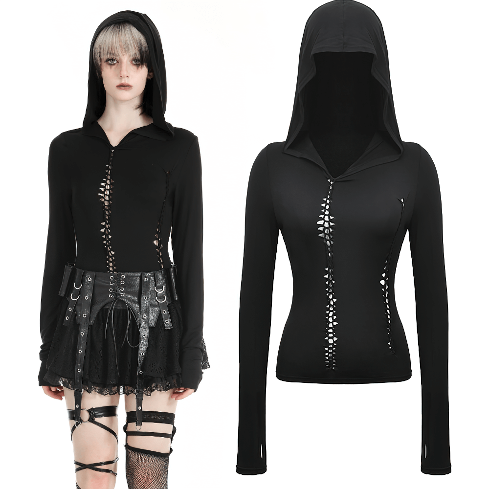 Black Gothic Hooded Cutout Long Sleeve Top for Women