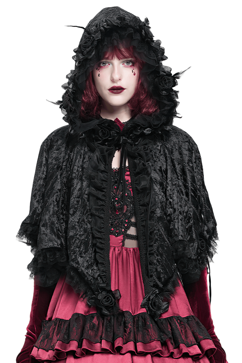 Black Gothic Hooded Lace Cape with Rose Details worn by model, featuring lace trim and rose embellishments.