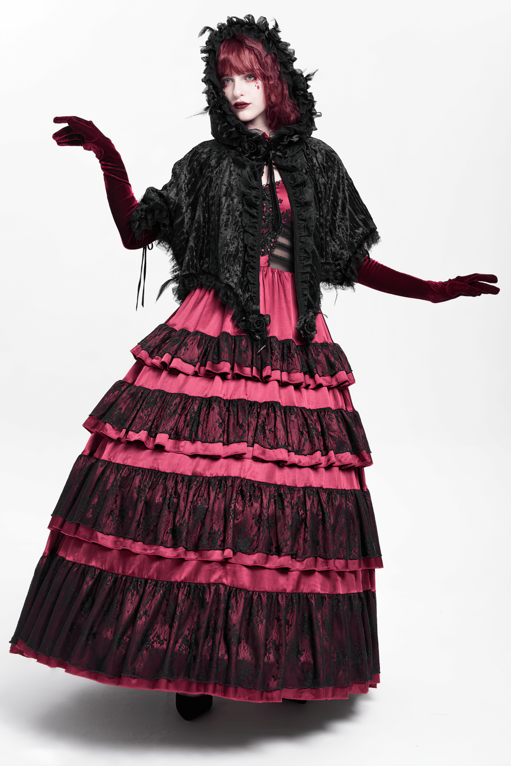 Black Gothic Hooded Lace Cape with Rose Details, a stunning outfit featuring a dramatic hood and flowing layers.