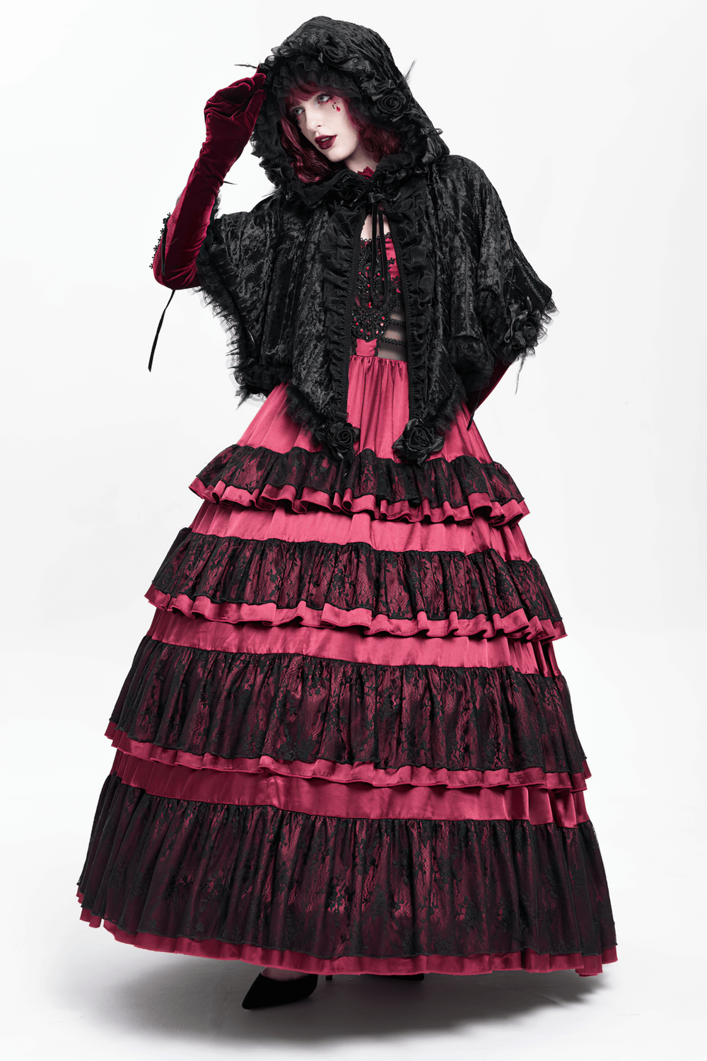 Black Gothic Hooded Lace Cape with Rose Details worn with dramatic layered dress and lace accents.