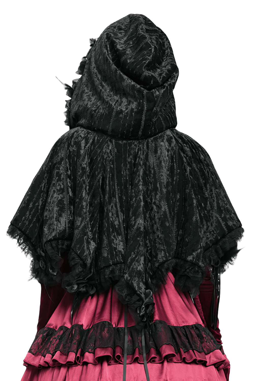 Black Gothic Hooded Lace Cape with Rose Details viewed from the back, showcasing velvet texture and dramatic hood.