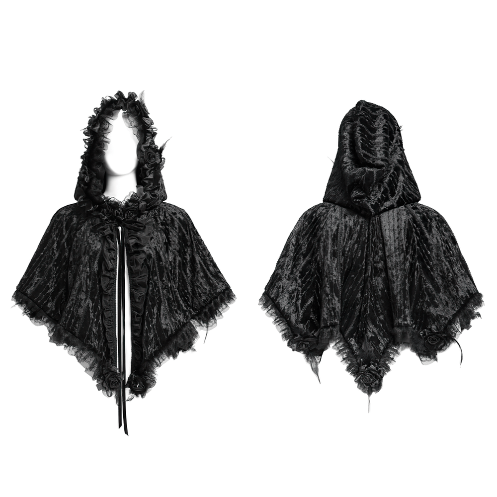 Black Gothic Hooded Lace Cape with Rose Details featuring lace trim and rose embellishments