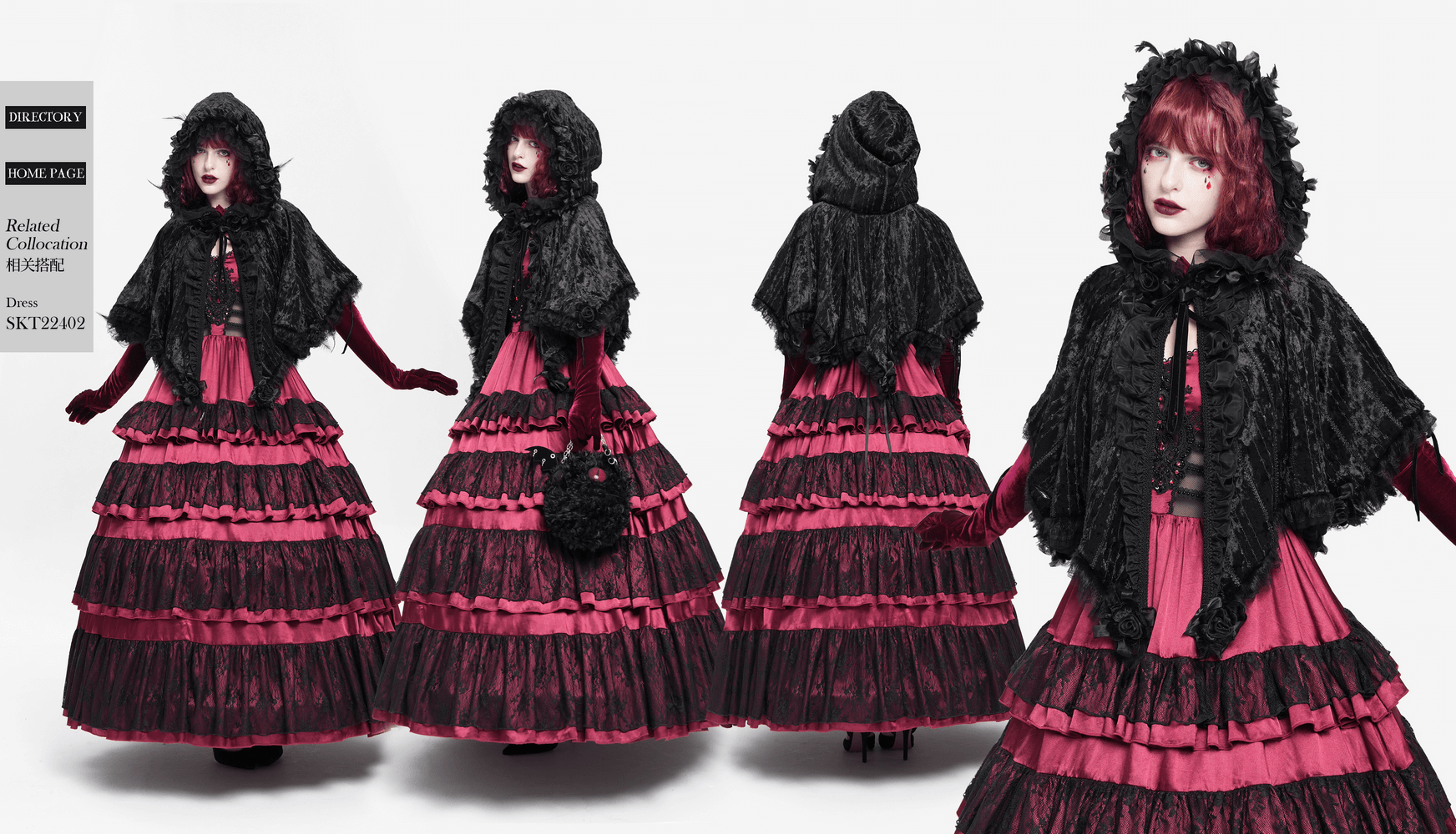 Black Gothic Hooded Lace Cape with Rose Details worn by model, featuring layered ruffled dress and dramatic hood.