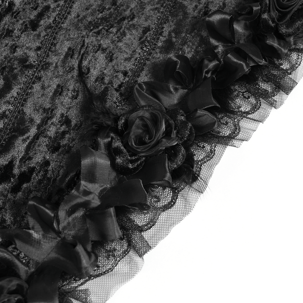 Black Gothic Hooded Lace Cape with Rose Details featuring velvet fabric and intricate lace and rose embellishments