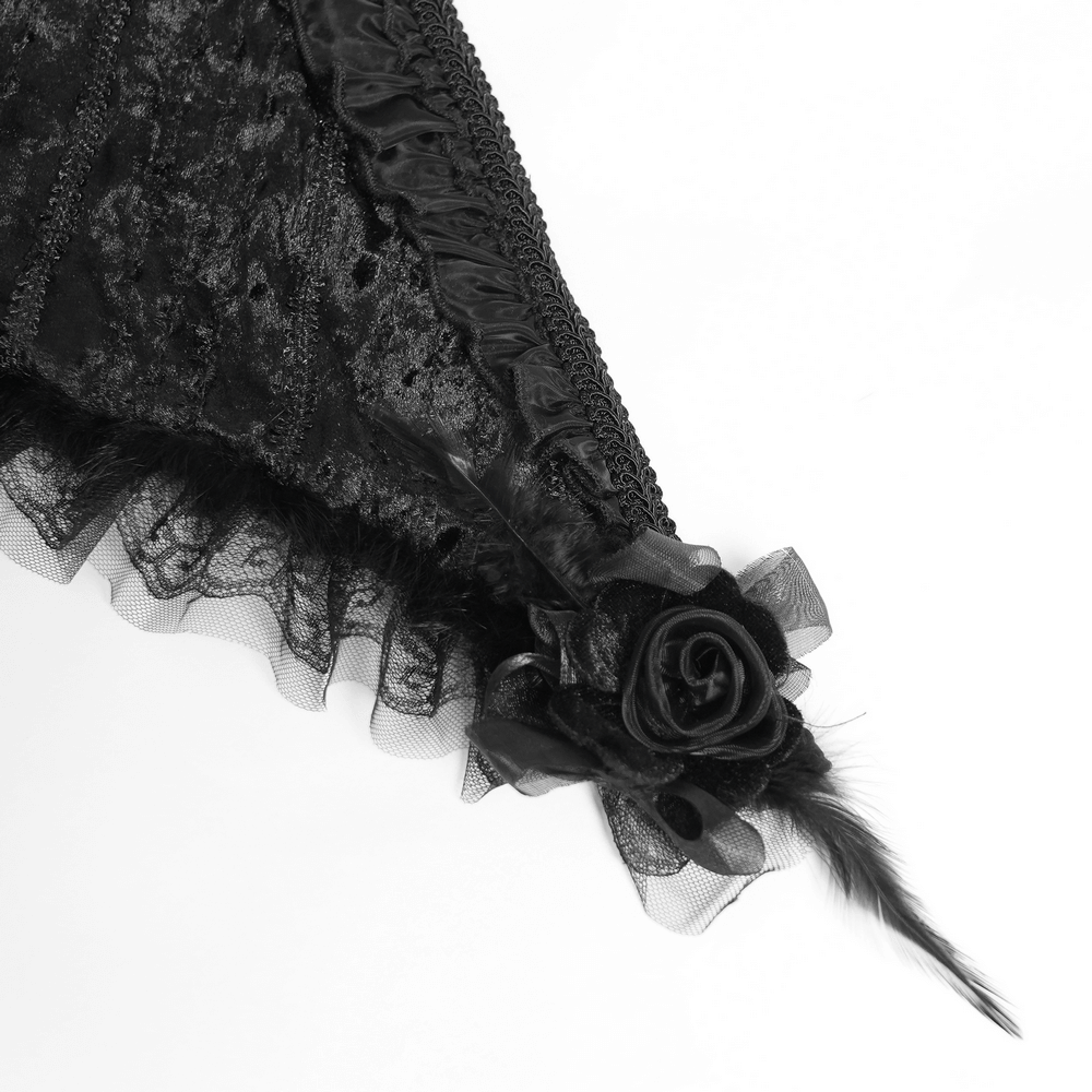 Black Gothic Hooded Lace Cape with Rose Details close-up showing lace trim and rose accent
