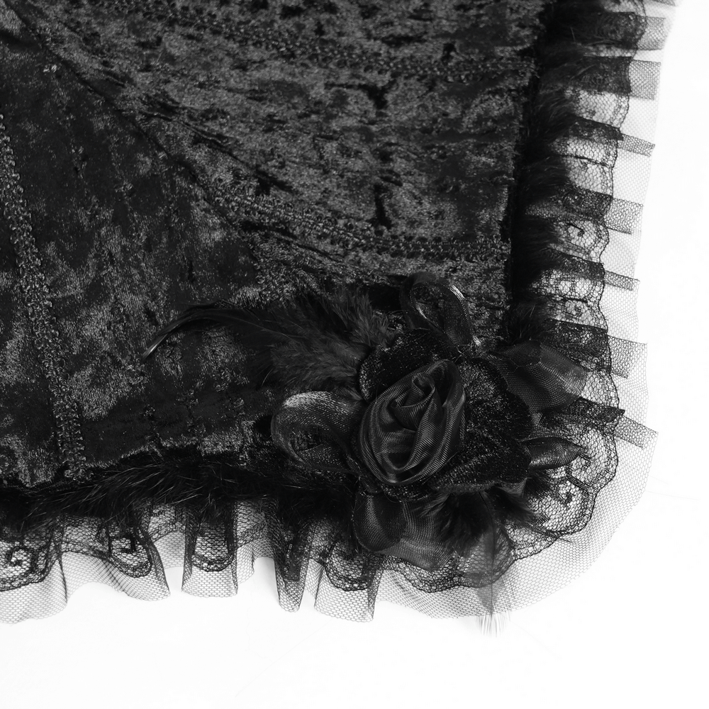 Black Gothic Hooded Lace Cape with Rose Details featuring lace trim and rose embellishments.
