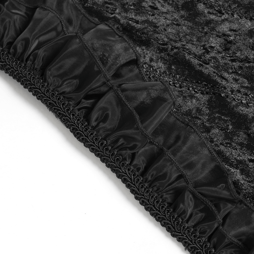 Black Gothic Hooded Lace Cape with Rose Details - close-up of ruffled trim and lace edge.