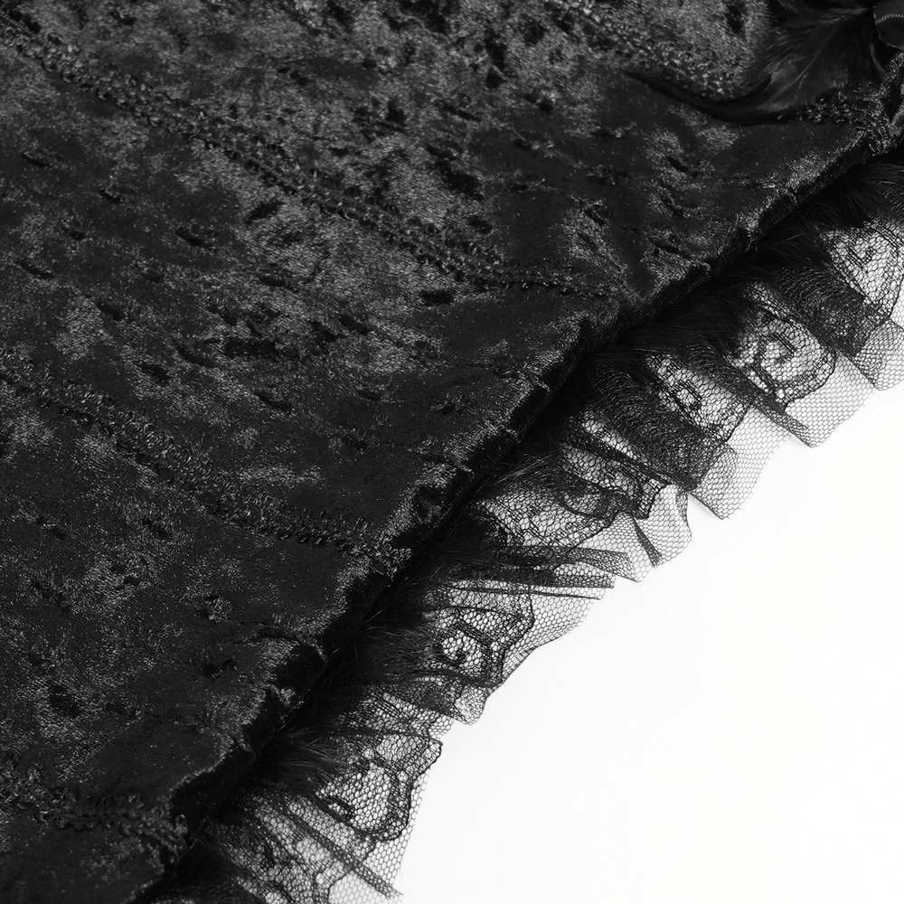 Close-up of Black Gothic Hooded Lace Cape with Rose Details showcasing rich velvet and intricate lace trim.