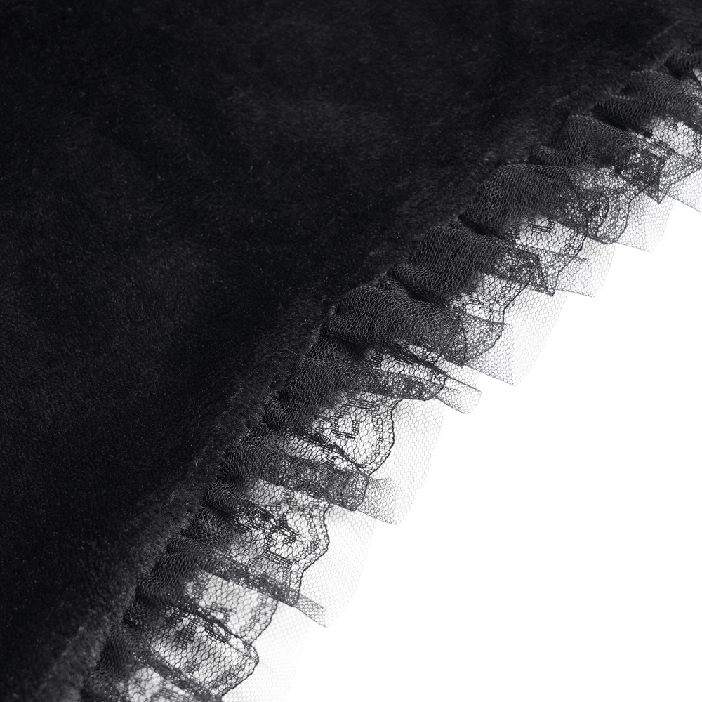 Black Gothic Hooded Lace Cape with Rose Details close-up of lace trim and soft velvet fabric