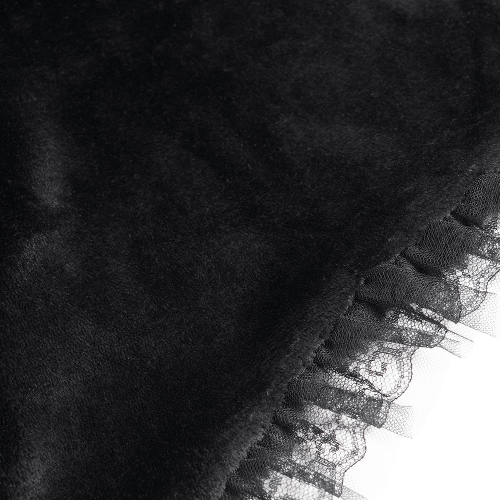 Black Gothic Hooded Lace Cape with Rose Details close-up of lace trim and soft velvet fabric.