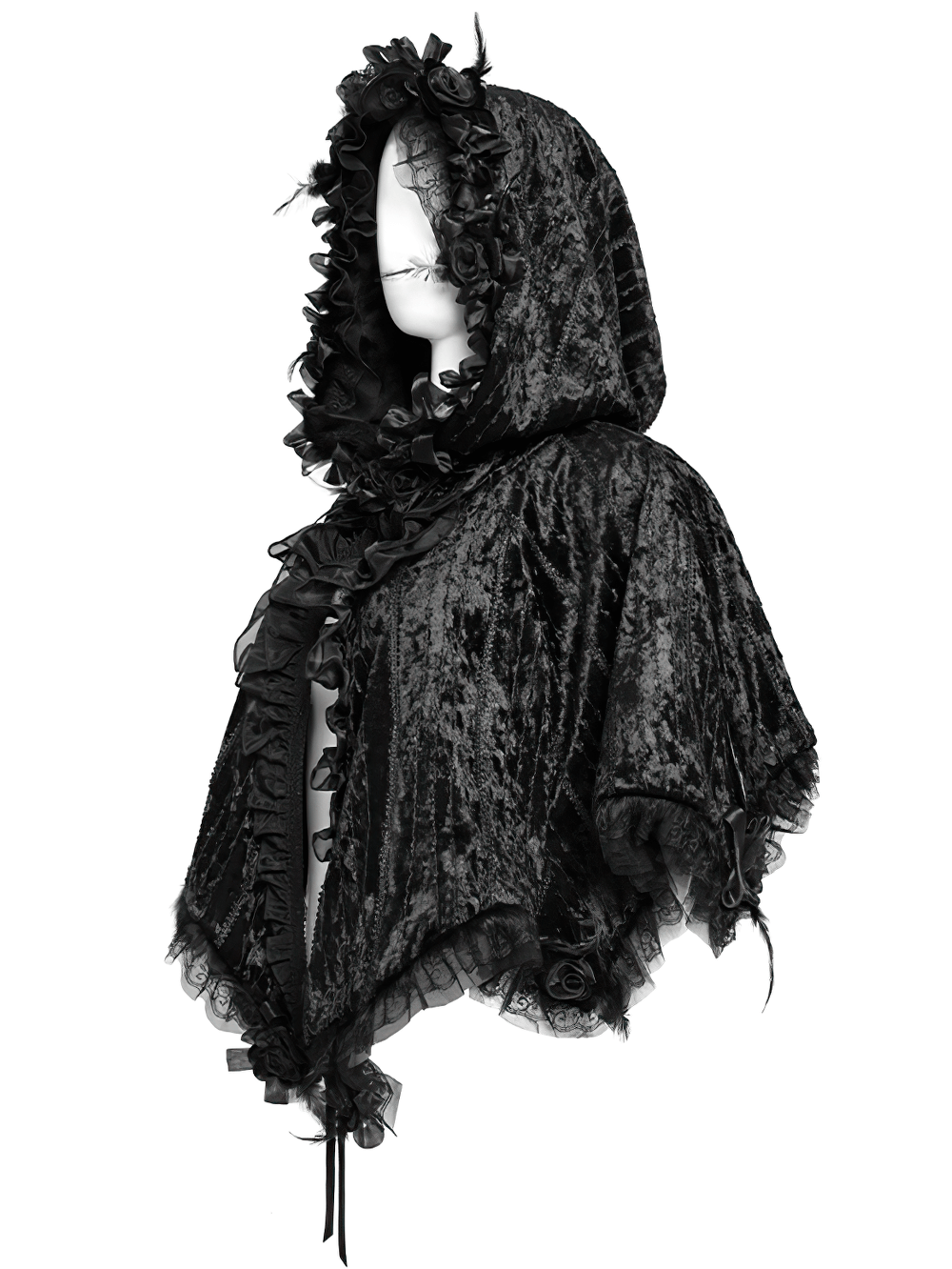Black Gothic Hooded Lace Cape with Rose Details, featuring lace trim and dramatic hood for Victorian-inspired elegance.