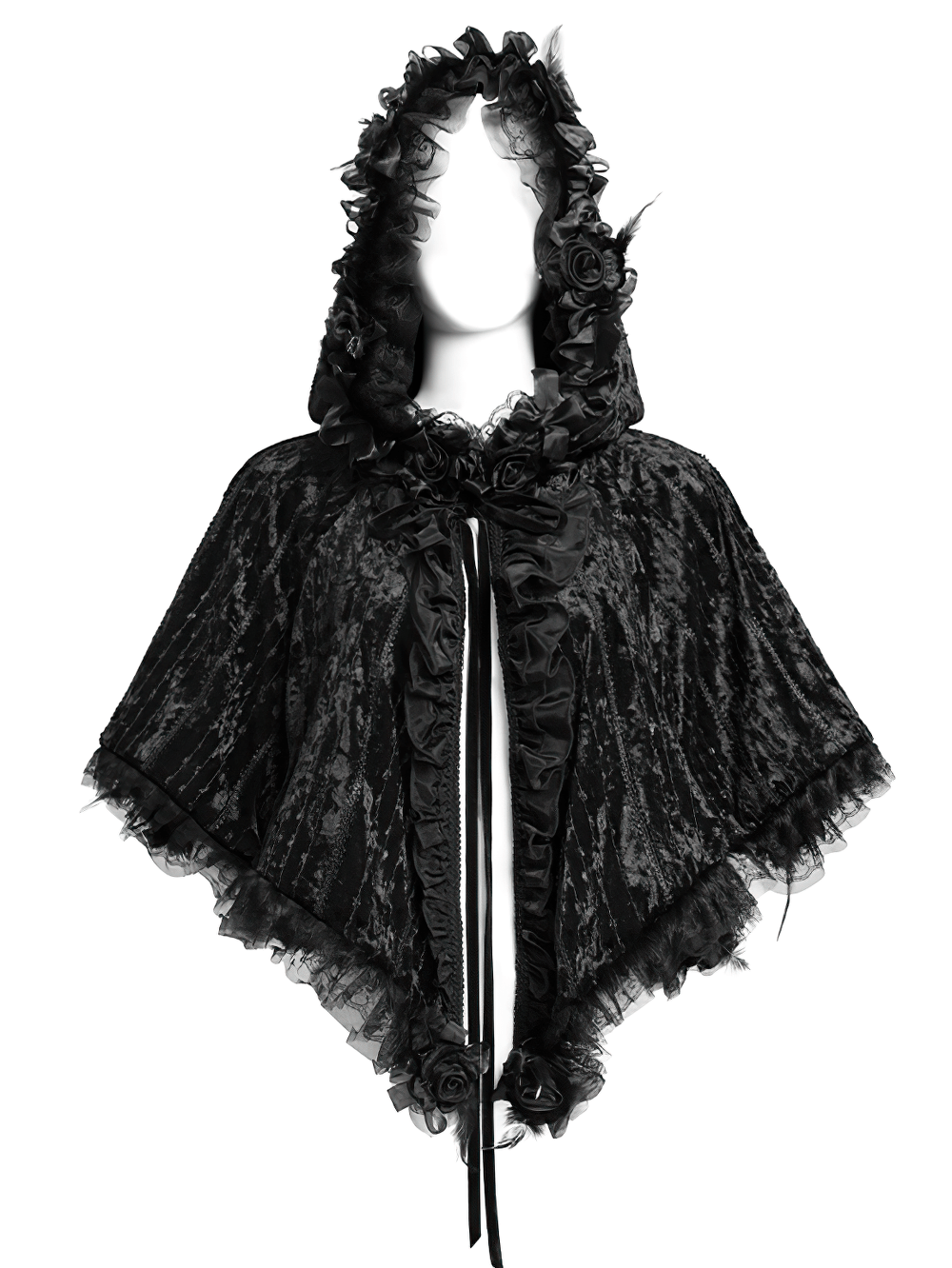 Black Gothic Hooded Lace Cape with Rose Details featuring lace trim and embellishments.