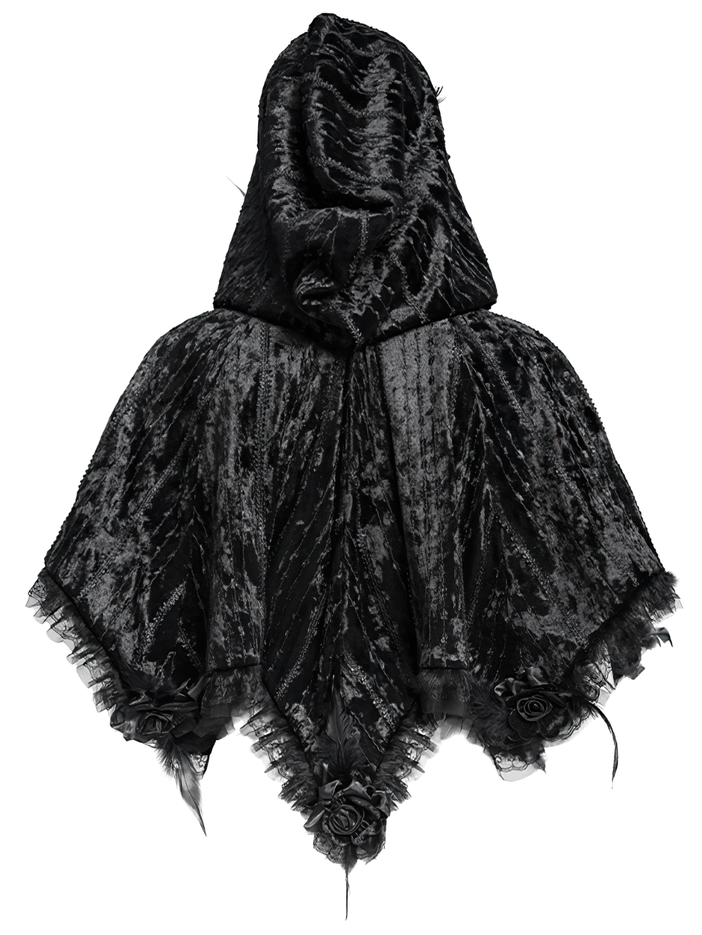 Black Gothic Hooded Lace Cape with Rose Details featuring velvet fabric and elegant lace trim.