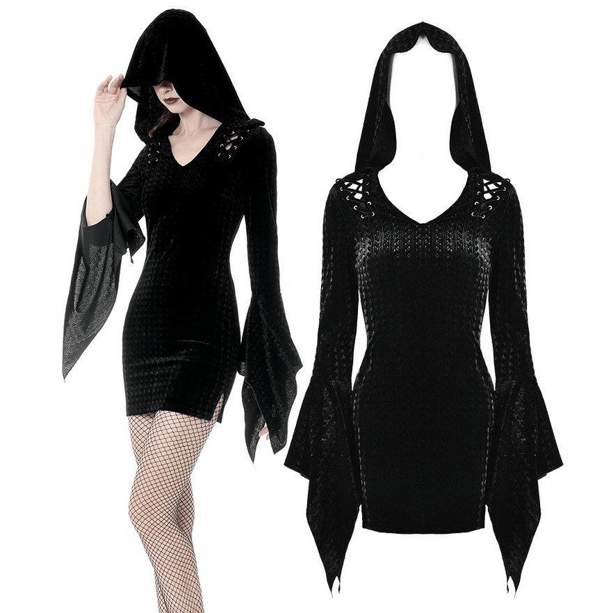 Black Gothic hooded mini dress with lace-up detail and bell sleeves, perfect for a dark fashion look.